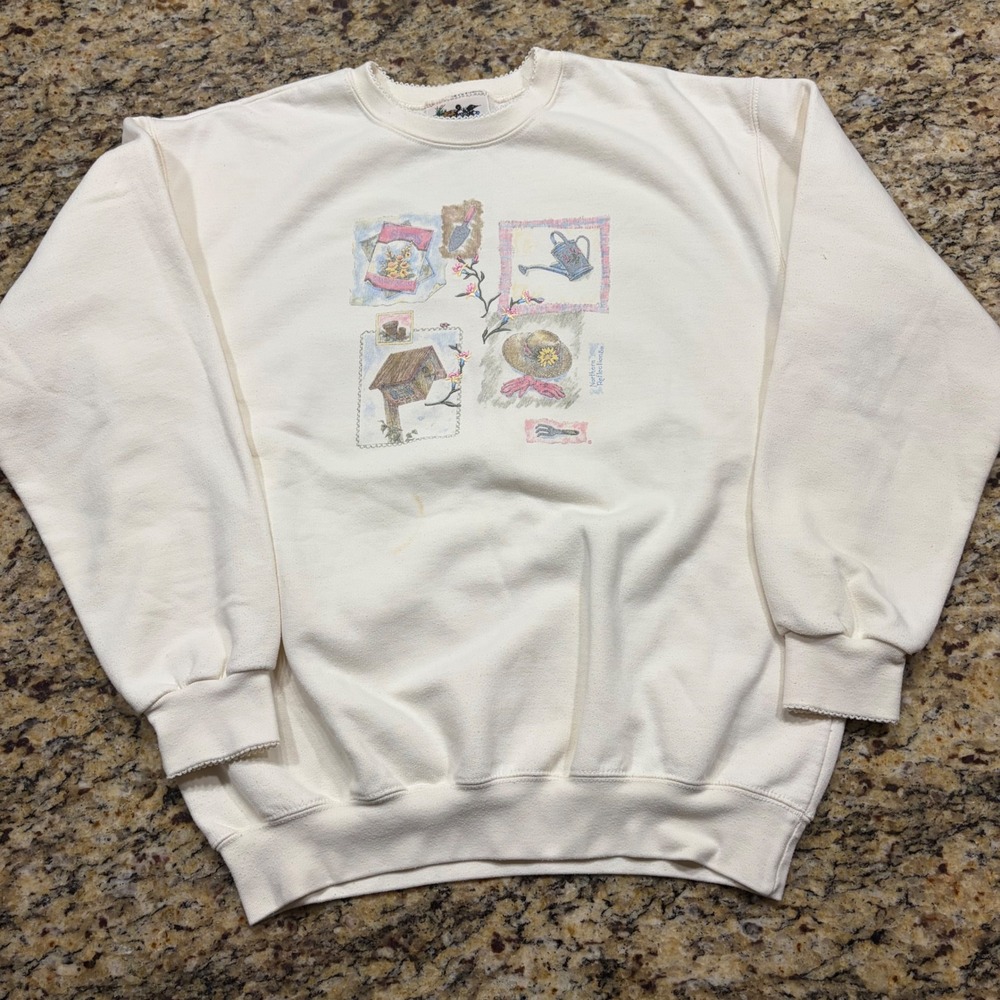 Vintage Northern Reflections Gardening Graphic Sweatshirt Cream Lace Trim Large
